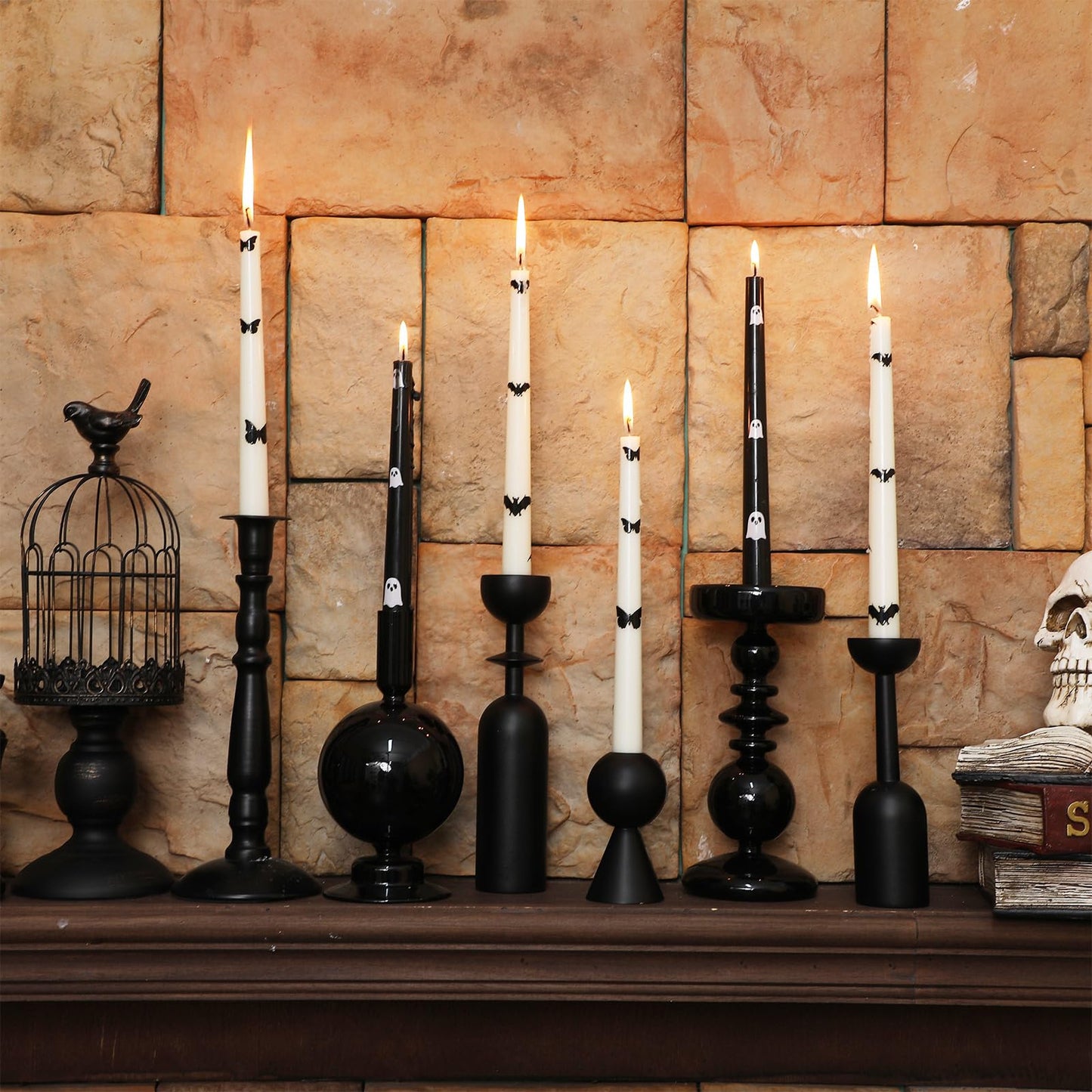 Conelist 6 Pcs Taper Candles 10 Inch Candle Sticks for Bachelorette Bridal Wedding Party Baby Shower Table Cake Decor(Butterfly Bat and Ghost,10 Inch,Black and White)