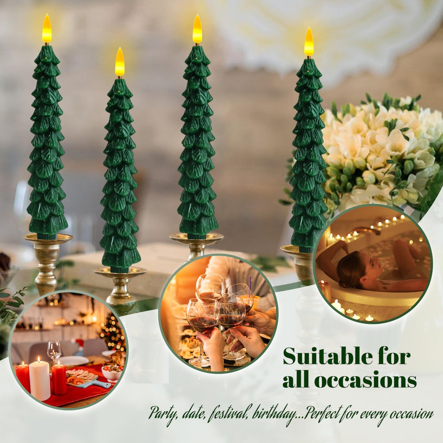 FCMSHAMD Dark Green Christmas Trees Flickering Flameless Candles with Remote and Timer, Real Wax 3D Flame Wick LED Candles, 9.8 Inch Battery Operated Candles for Christmas Home Decoration，2PCS