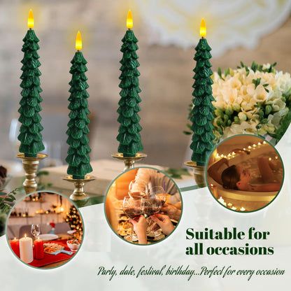 FCMSHAMD Dark Green Christmas Trees Flickering Flameless Candles with Remote and Timer, Real Wax 3D Flame Wick LED Candles, 9.8 Inch Battery Operated Candles for Christmas Home Decoration，2PCS