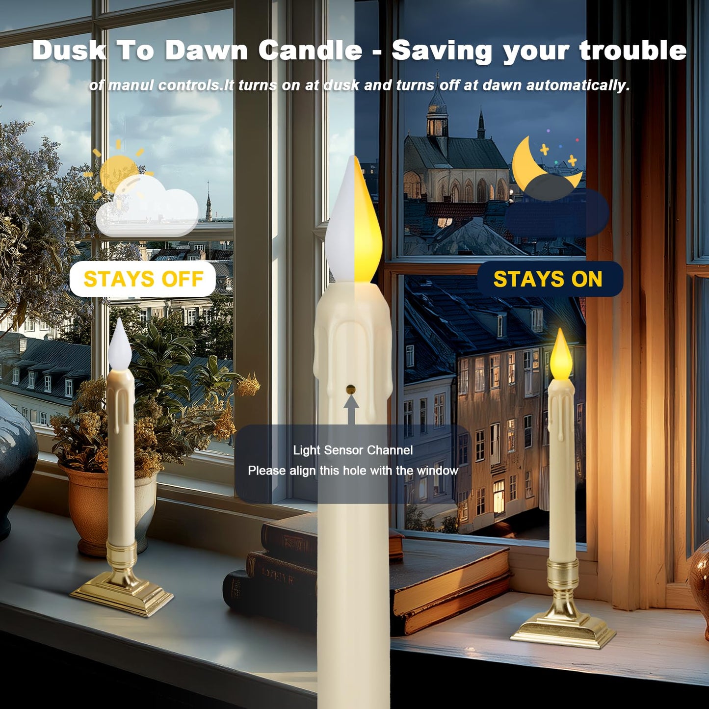 Meigic 6 Pcs Sensor Dawn to Dusk Window Candles, Flickering Battery Candles for Windows, Ultra Bright Fake Candle Lights with Gold Holders, Led Candlesticks for Xmas Home Decor, Warm Yellow Light