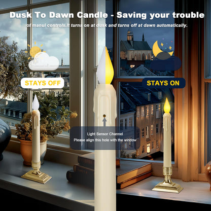 Meigic 6 Pcs Sensor Dawn to Dusk Window Candles, Flickering Battery Candles for Windows, Ultra Bright Fake Candle Lights with Gold Holders, Led Candlesticks for Xmas Home Decor, Warm Yellow Light