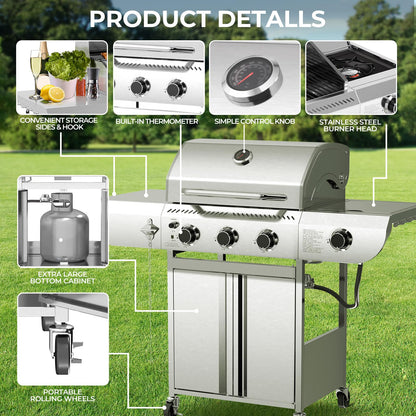 34,000 BTU 3-Burner Propane Gas Grill with Side Burner, All Stainless Steel BBQ Grill, Cast Iron Grates & Portable Cart with Wheels，Outdoor Barbecue Grill for Backyard, Patio, Camping (G31 PRO)