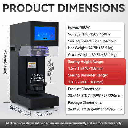Vtsmax Commercial Automatic Soda Can Sealer Machine 55mm (2.2in) Canning Machine for Drinks, Suitable for Plastic & Aluminum Cans, Auto Height-Sensing 40-180mm, Adjustable Base 45-100mm, LED Counter
