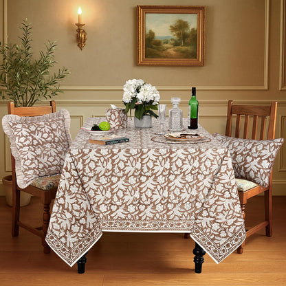Ridhi Oak Brown Hand Block Print Cotton Rectangle Tablecloth 102" x 48" inches Reusable Table Cover Decorative Everyday Use for Dining Room, Farmhouse, Home Gift for Spring, Mother's Day