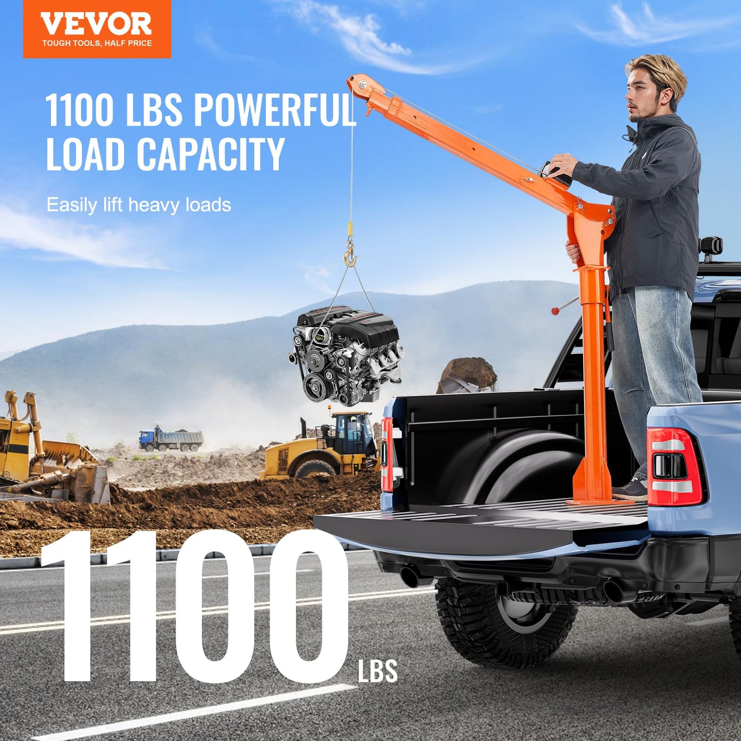 VEVOR Electric Pickup Truck Crane, 1100 lbs, Folding Truck-Mounted Bed Crane with Electric Winch 3500 lbs, 360° Swivel for Lifting Goods in Construction, Factory