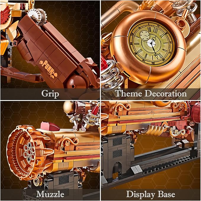 Finger Rock Ideas Steampunk Mechanical Gun Weapon Building Blocks Set for Adults Gun Building Kit with a Base for Display 899 PCS Classic Toy Weapon Model Collection Gifts for Teens 14+