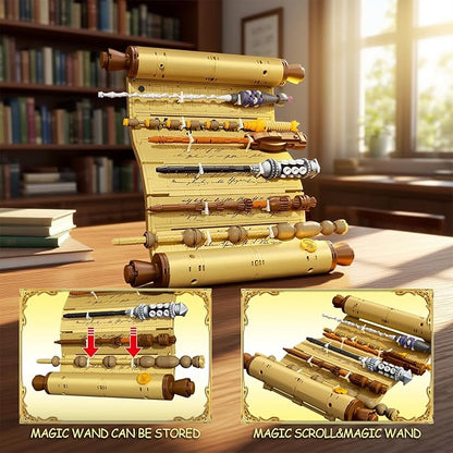 Inspired Magic Scroll Building Block Set with 7 Unique Wizard Wands Movie Fantasy Fans DIY Construction Toy for Enthusiasts Ideal Gift for Kids &amp Collectors