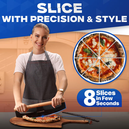 KitchenStar Pizza Cutter Rocker Blade 16" Black + Wooden Pizza Peel 16" + Pizza Stone for Oven and Grill 16" with Handles - Pizza Making Bundle