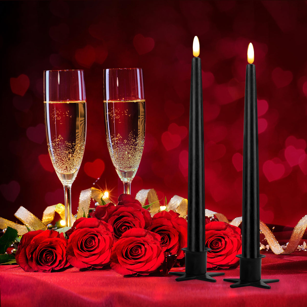 CVHOMEDECO. Flameless Taper Candles with 10-Key Remote, Battery Operated Led Flickering 3D Wick Window Candles Real Wax Finished Home Christmas Party Decor 0.78 x 11 Inch, Pack of 2, Black