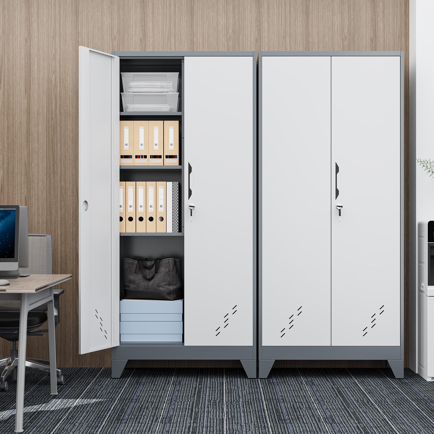 LyAosdFu 61" Metal Storage Cabinet with Lockable Doors, Cleaning Supply Cabinet with Pegboard and Hanging Rod. Garage Tool Storage Cabinets for Home, Laundry, Office, Home Kitchen Utility Cabinet