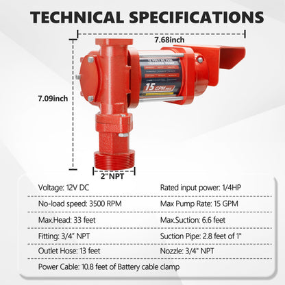 12V 15 GPM Fuel Transfer Pump with Discharge Hose, Automatic Nozzle, Premium Filter Package, Suitable for Gasoline, Diesel, Kerosene, Ethanol & Methanol Blends