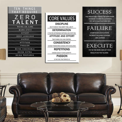 Office Inspirational Canvas Wall Art Core Values Quote Motivational Wall Decor Zero Talent Poster Picture Print 3 Panels Modern Inspiring Painting Artwork for Living Room Home Decor [72''Wx 36''H]