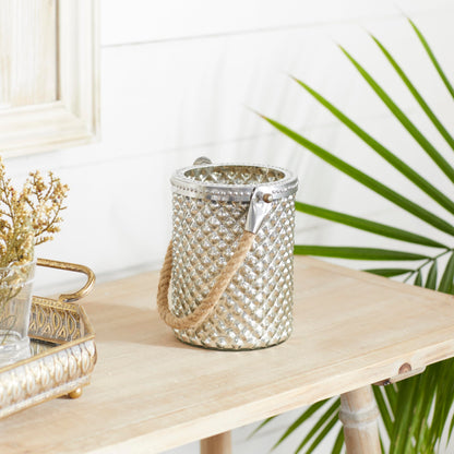 Deco 79 Glass Handmade Indoor Outdoor Candle Lantern Decorative Lantern Candle Holder with Rope Handle, Lantern 5" x 5" x 13", Silver