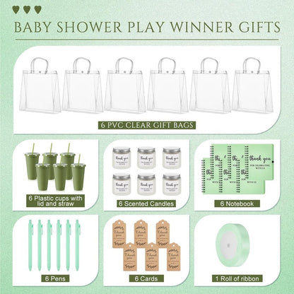 Nuogo 6 Sets New Parent Shower Prizes for Player Winners Adult, Wedding Bridal Shower Gift, Plastic Tumbler Notebook Scented Candle Ballpoint Pen Bag (Green Color,Classic Style)
