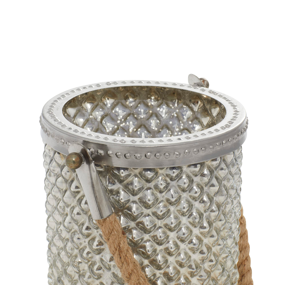 Deco 79 Glass Handmade Indoor Outdoor Candle Lantern Decorative Lantern Candle Holder with Rope Handle, Lantern 5" x 5" x 13", Silver