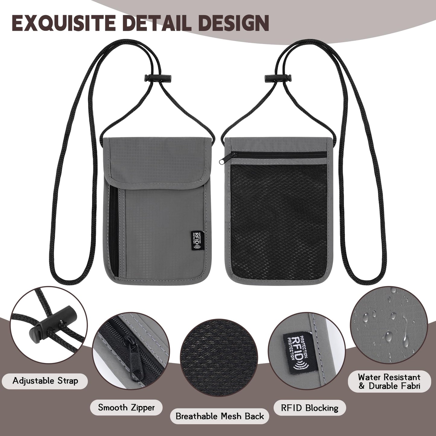 Likesing 5.5" L x 7.9" W Travel Neck Wallet, RFID Blocking Passport Holder, Security Lightweight Passport Travel Wallet, Neck Pouch Gifts for Women Men(Grey)