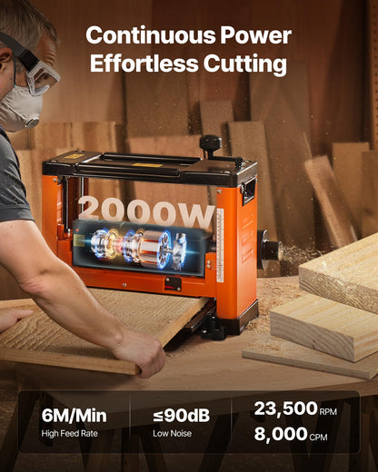 VEVOR 13-Inch Spiral Thickness Planer, Woodworking Power Benchtop Planer, with 2000W 23500 RPM Powerful Motor, Single Speed, for Hard & Soft Wood Material
