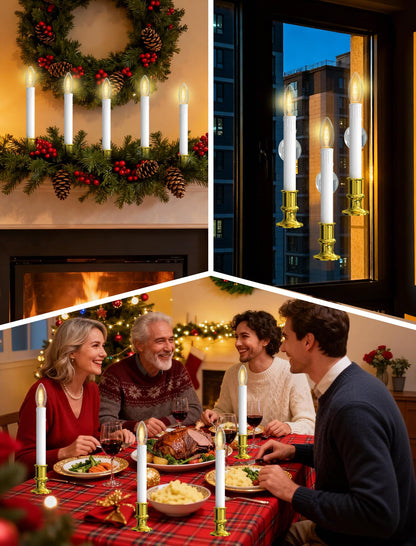 Romasaty 4 Pack Christmas Window Candle Lamps, Battery Operated Window Candle Lights with Automatic Timer and C26 3V LED Bulbs Candlestick for Indoor Windows Table Decor, 4 Suction Cups