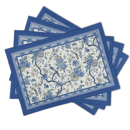 Giwawa 4PCs Chinoiserie Placemats Blue White Floral Birds Decorative Linen Table Mat 12"x18" Oriental Style Classic Flowers Heat Resistant Washable Place Mats for Kitchen Dining Party
