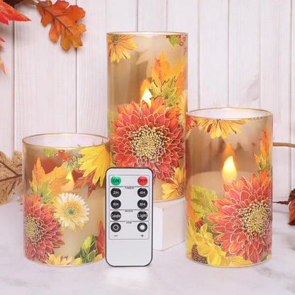 Silverstro Flameless Candles Chrysanthemum Decal with Remote & Timer - Real Wax Flickering Battery Operated Candles - Home Farmhouse Holiday Spring Decorations - Set of 3