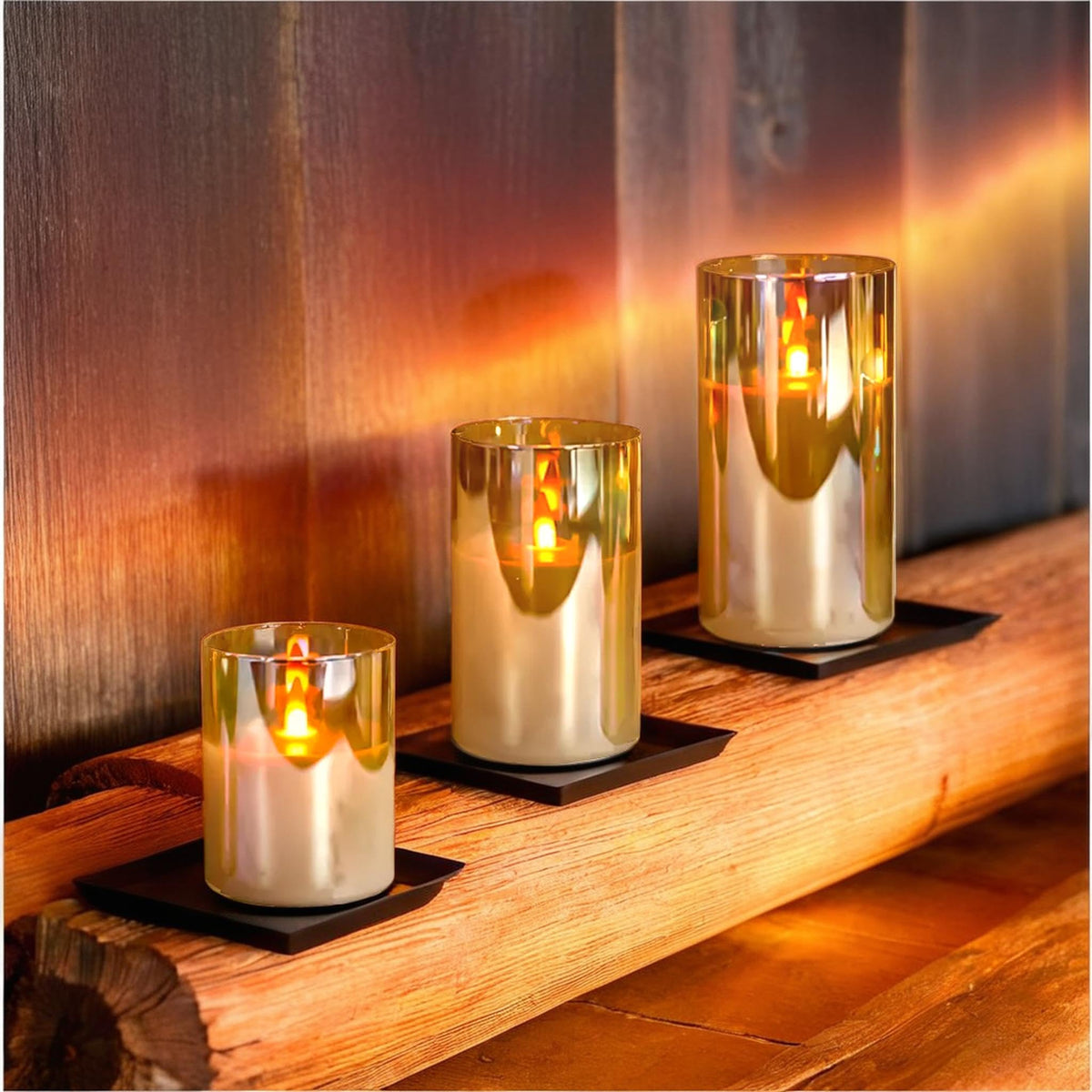 NICEME Radiance Evanescing Flameless Candles with Remote, 3 Pack Glass Battery Operated Candles with Timer, Real Wax Glass LED Candles Flickering Wedding Home Party Christmas D3 x H4 5" 6" Gold