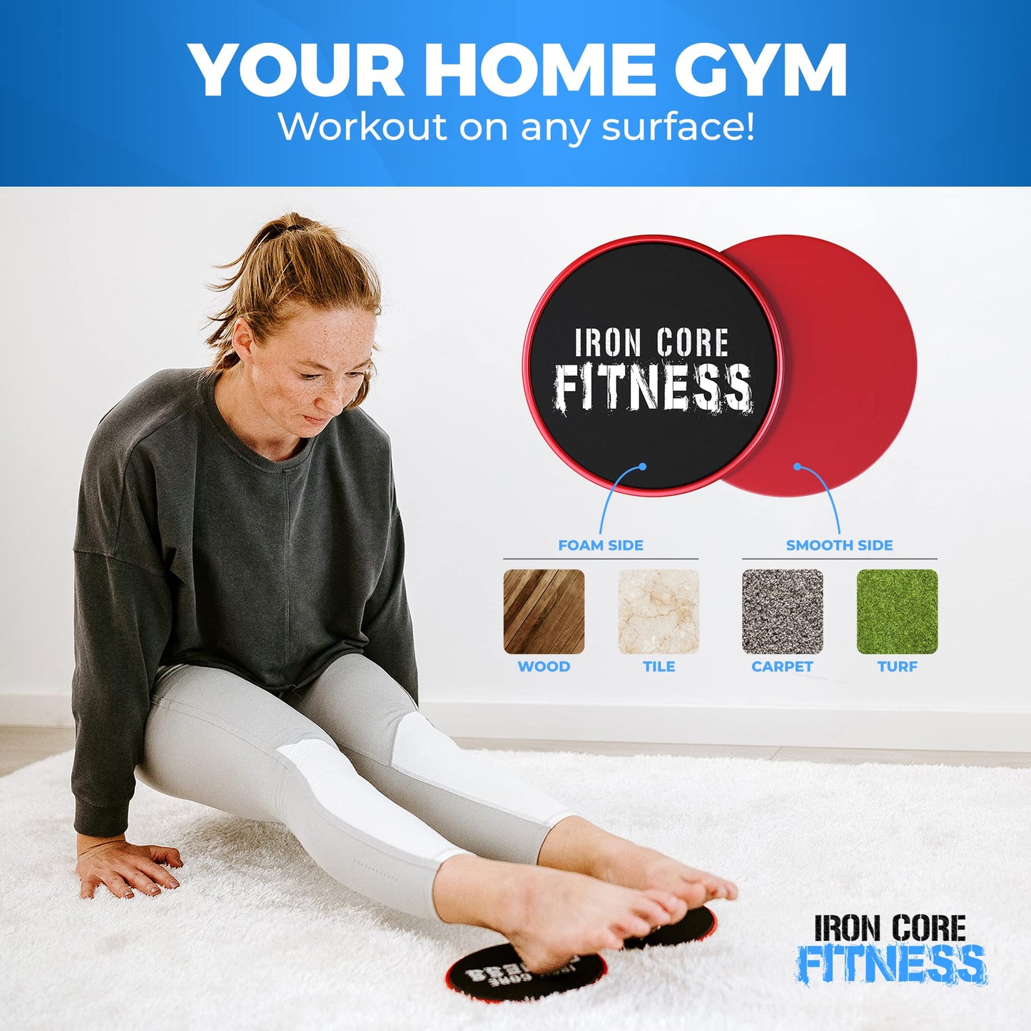 2 x Dual Sided Gliding Discs Core Sliders by Iron Core Fitness | Ultimate Core Trainer | Gym, Home Abdominal & Total Body Workout Equipment | for use on All Surfaces
