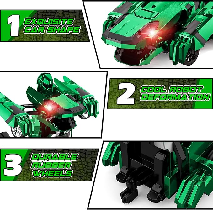 Dinosaur Transform Rc Cars 2.4Ghz Remote Control Car Transforming Robot with Flashing Light 360° Rotation One Button Deformation Car Toy Gifts for Boys Age 4-7 8-12