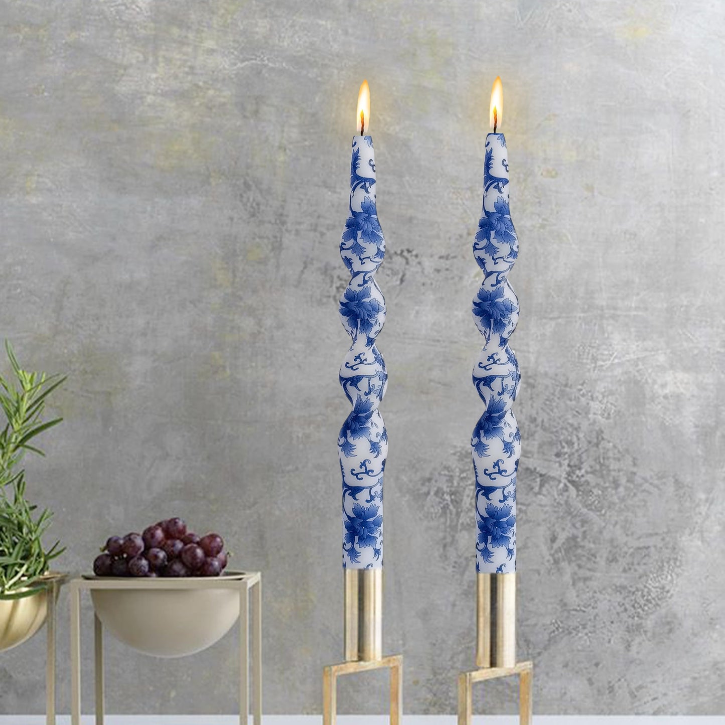 Blue White Porcelain Spiral Candles Sticks Floral Twisted Taper Candles 10 in Hand Printed Taper Candle for Home Garden Decor, 2Pcs