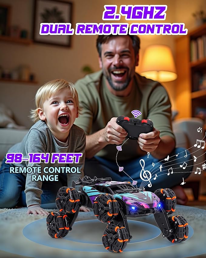 HuiJuKeJi 8WD RC Stunt Car with Gesture Sensing &amp Spray 2.4GHz Hand-Controlled Remote Control Car Toy with Light/Music Auto-Demo Mode Vehicle for Kids Ages 6-14 Birthday