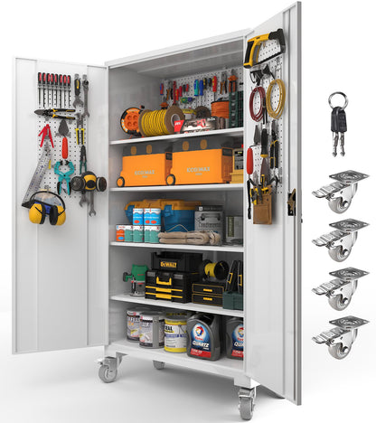 Upgraded Tall & Wide Metal Storage Cabinet with Doors & 4 Adjustable Shelves | Heavy-Duty Black Lockable Garage Cabinet with Wheels & Pegboard for Office, Gym, Basement, Warehouse (White)
