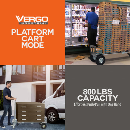 Vergo Industrial Convertible Hand Truck - AS7B Heavy Duty Aluminum 2 in 1 Dolly (800 lb Capacity) Lightweight Reinforced Frame, Ergonomic Handle, Superior Mobility Moving Dolly (2 Positions, 63" High)