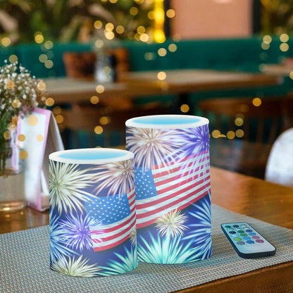 Eionryn American Flag Fireworks Flameless Candles Memorial Day Patriotic 4th Of July Battery Operated LED Candles with Remote Timer Electric Candles for Home Party Decor 2pcs