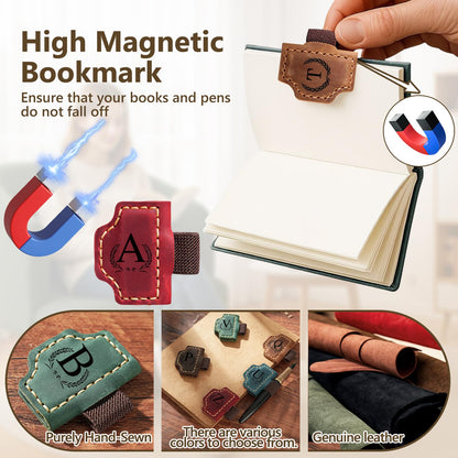 Custom Bygone Mark Bookmark with Pen Holder, 26 Letters Name Initial Personalized Magnetic Leather Bookmark, Gifts for Book Lovers, Readers, Travelers, Leather Book Marks (Purple, I)