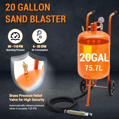20 Gallon Sand Blaster Sand Blasting Machine, 60-110 Psi Pressure Air Sand Blasting Kit with 4 Ceramic Nozzles & Oil-Water Separator, Portable Abrasive Blaster for Paint Stain Rust Removal