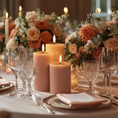 West Ivory Fluted Ribbed LED Pillar Candles, Blush Beige, with Reflective Melted-Wax Effect – Flickering Flame, Remote, Dimmable, Flameless, Battery Operated, Home & Wedding Decor (Set of 3)