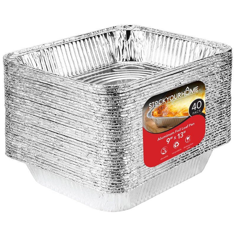 Stock Your Home 9x13 Aluminum Pans (40 Pack) - Disposable and Recyclable Foil Trays - Half Size Steam Table Deep Pans - Tin Foils for Cooking, Heating, Storing, Prepping Food