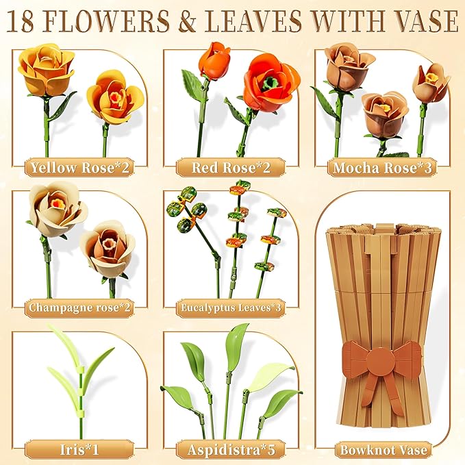 Flowers Set with Vase for Adults Compatible with Lego Flowers Icon Roses Bouquet Botanical Collection Kits Artificial Flower Set Valentines Day Gifts for Her Him Kids 14+ Home Office Decorations