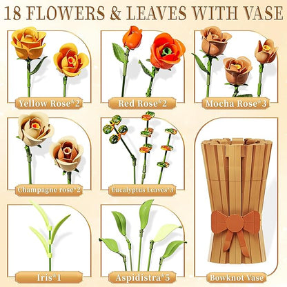 Flowers Set with Vase for Adults Compatible with Lego Flowers Icon Roses Bouquet Botanical Collection Kits Artificial Flower Set Valentines Day Gifts for Her Him Kids 14+ Home Office Decorations