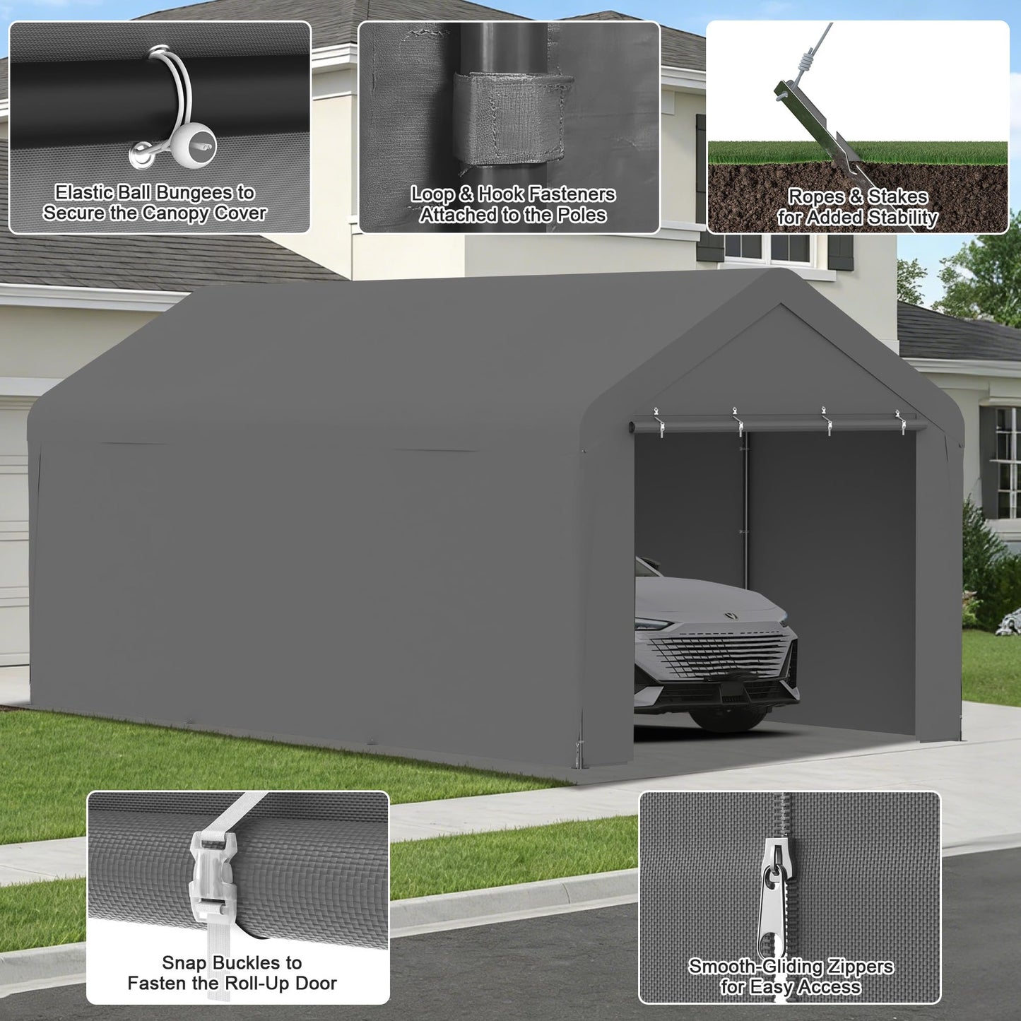 Carport 10 x 20 FT Heavy Duty, Portable Garage Canopy, Waterproof Car Canopy with Side-Opening Removable Door, Carport Canopy for Car, Truck, Boat, Equipment (Grey)