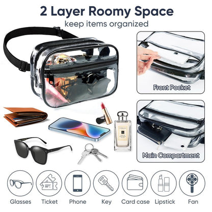 Clear Fanny Pack for Stadium Events - Clear Bag for Women Men | Lightweight Waist Pack for Concerts, Sports Games Day & Travel Stadium Approved Transparent Bag (Black)