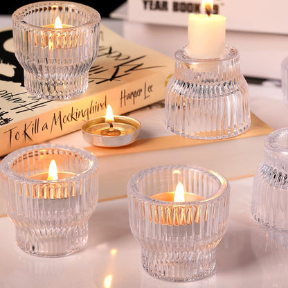 HAVITI 12 Pack Clear Taper Candle Holders, Glass Candlestick Holders, Tea Light Candle Holder for Fall Wedding Centerpieces Table Decorations, Votive Candle Holders for Table Decor