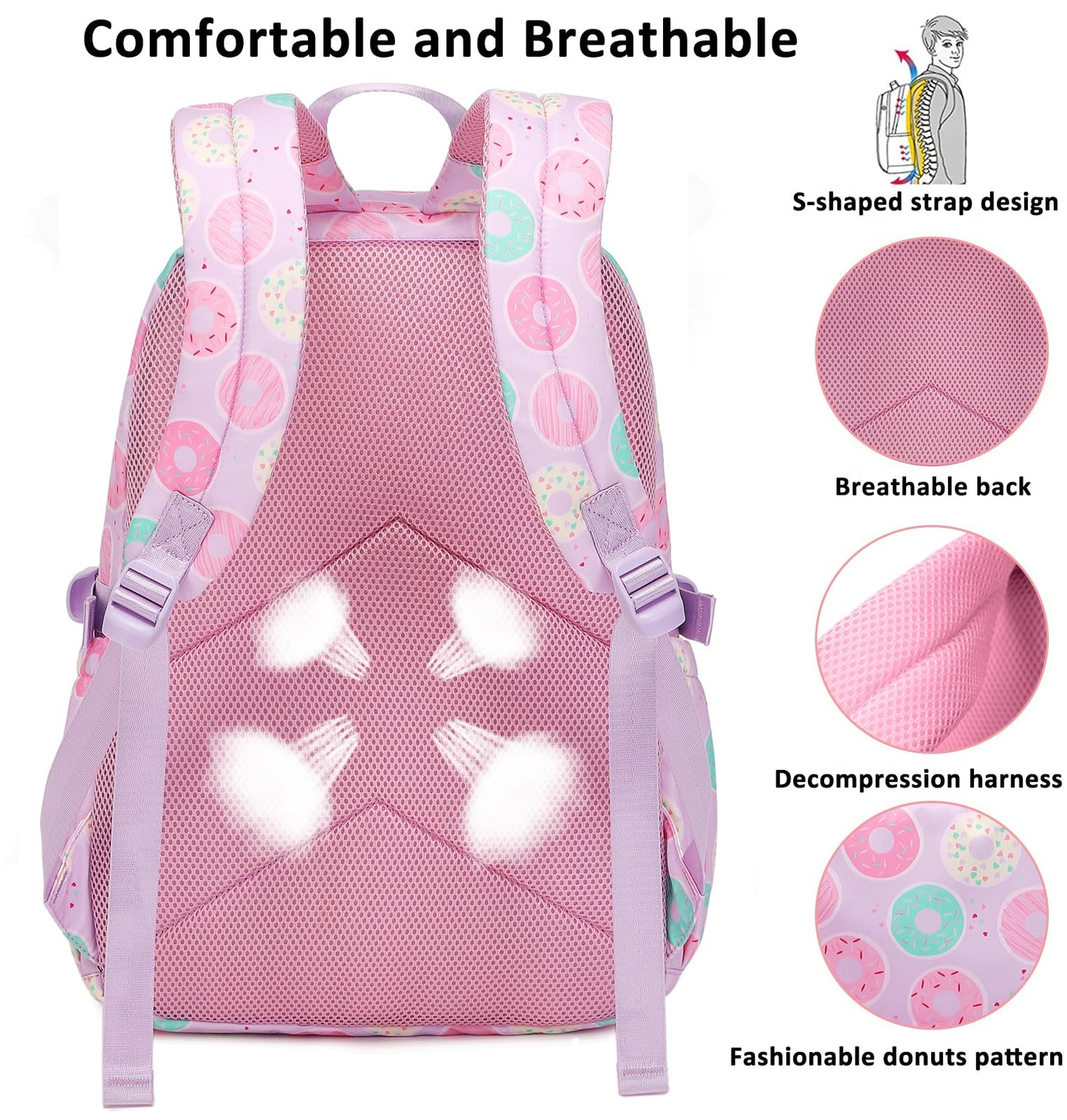 Joyfulife 3Pcs Donut Prints Backpack Sets Kids Bookbags Primary School Daypack Elementary Students Knapsack for Teens Girls