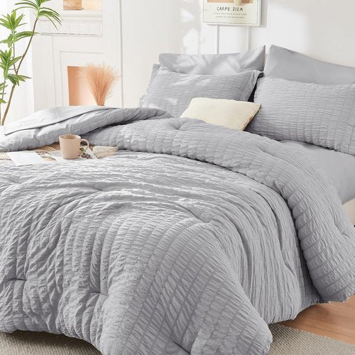 HYMOKEGE Queen Comforter Set - Light Grey Oversized 7-Piece Luxury Bedding Set | All-Season Comforter, Sheets & Pillowcases