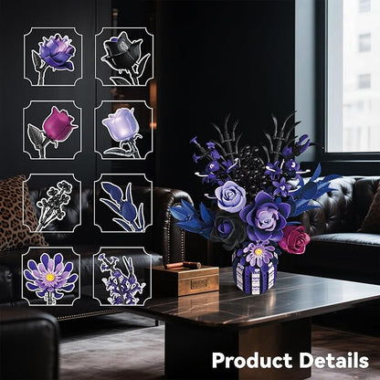 Roses Building Set Flowers Bouquet with Vase Purple Compatible with Lego Botanical Collection for Adults Women Girls Gothic Home Decor