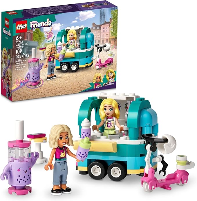 LEGO Friends Mobile Bubble Tea Shop Toy Building Set 41733 Fun Pretend Play Toy Vehicle Set with Toy Scooter Mobile Cart Cash Register Play Store Gift Idea for Girls Kids Boys Ages 6+ Years Old