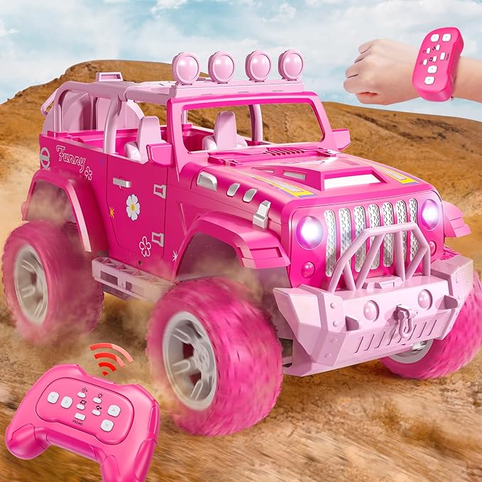 Pink Remote Control Car for Girls 4-7 2.4GHz Off-Road RC Jeep with Spray Climbing Toy for Girls Aged 3-4 5-6 7-8 9-10 Remote Control Vehicle Gift for Birthday Christmas Toys