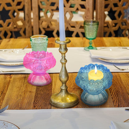 POPETPOP Butter Lamp Candleholder Set, 3pcs Small Blue Red Pink Glass Crystal High Base Candle Holders for Buddhist Rituals and Home Décor Desktop Adornment