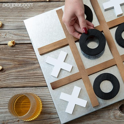 Play Platoon Metal &amp Wood Magnetic Tic Tac Toe Wall Mounted Games - 13.5 Inch Table Top Playroom Decor or Wall Mounted Room Decor - Rustic Board Game Room Accessories