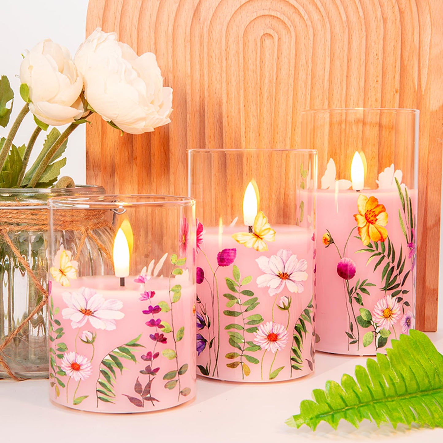 Eywamage Pink Floral Glass Flameless Candles with Remote, Flickering Spring LED Pillar Candles Battery Operated Home Decor Set of 3