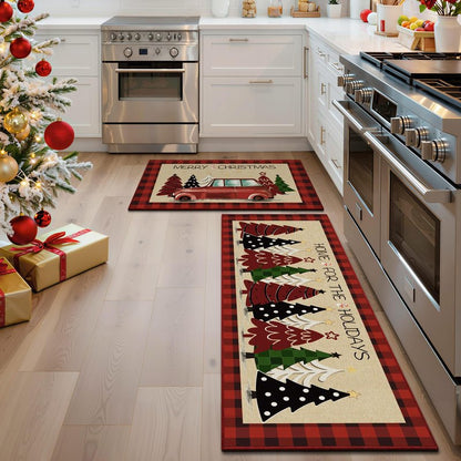StepRite Kitchen Mats for Floor, 2 PCS Christmas Kitchen Rugs, Non-Slip Bottom with Christmas Tree Print, Low-Profile Mat for Home, Office, Sink, Kitchen,Hallway,Holiday Decor(17”x30”+17”x47”-Red)